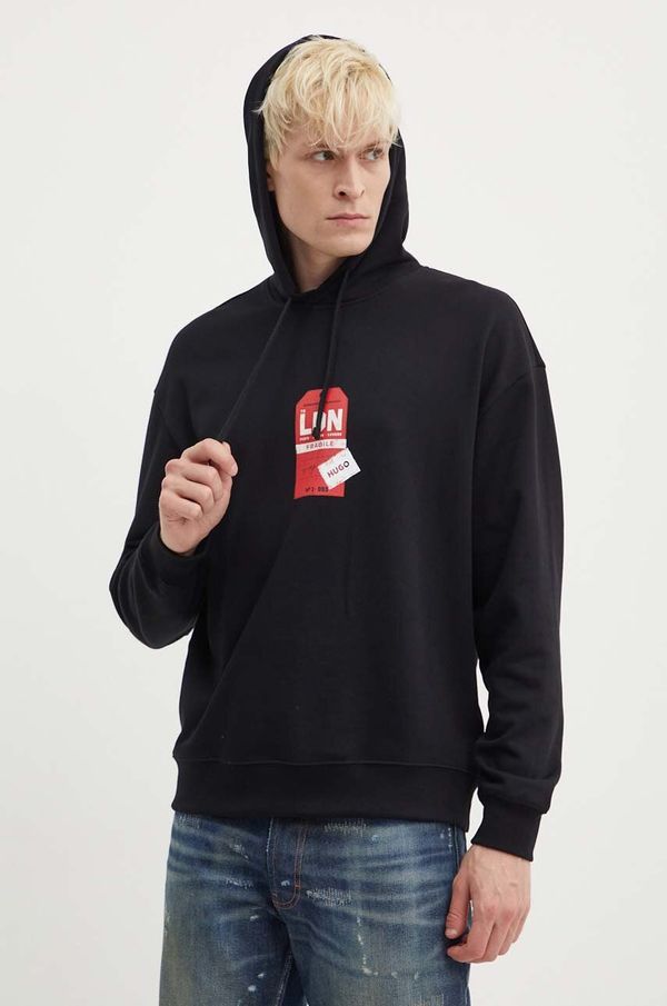 Hugo Pamučna dukserica HUGO za muškarce, boja: crna, s kapuljačom, s tiskom, 50519849