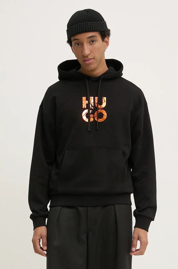 Hugo Pamučna dukserica HUGO za muškarce, boja: crna, s kapuljačom, s tiskom, 50522119