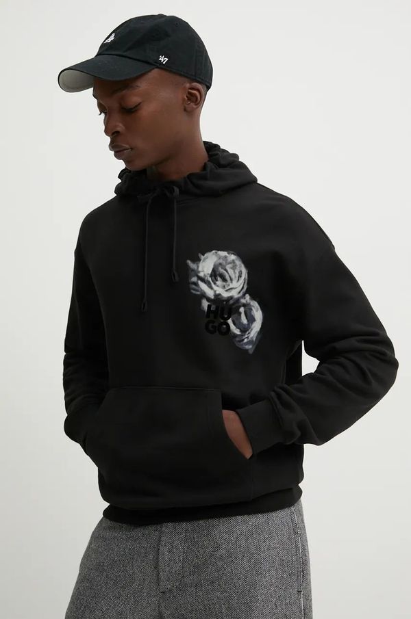 Hugo Pamučna dukserica HUGO za muškarce, boja: crna, s kapuljačom, s uzorkom, 50524274