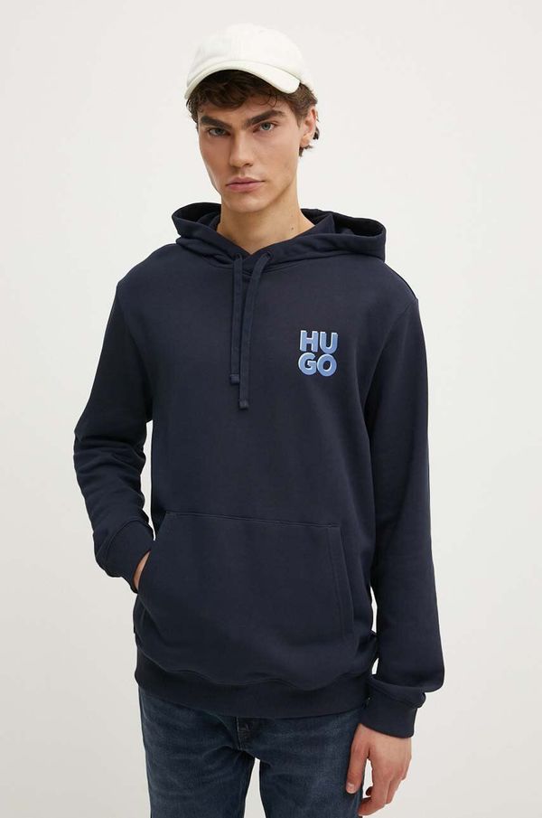 Hugo Pamučna dukserica HUGO za muškarce, boja: tamno plava, s kapuljačom, s tiskom, 50520159