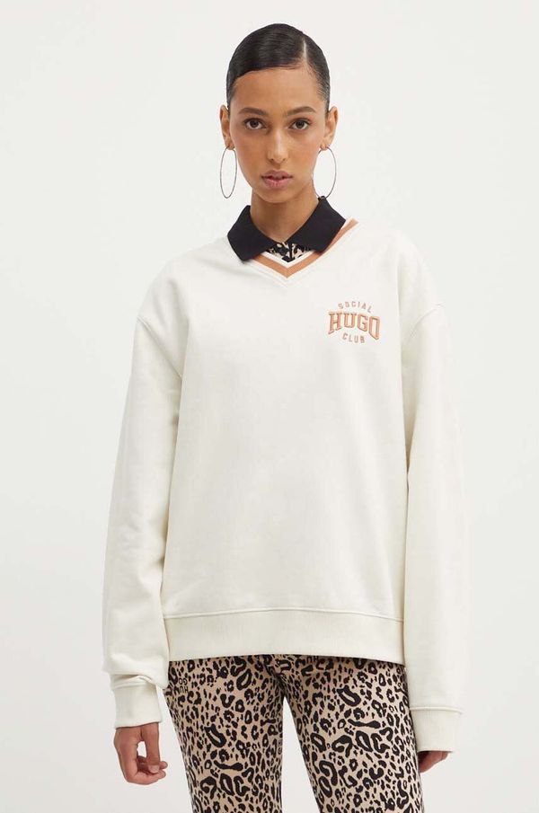 Hugo Pamučna dukserica HUGO za žene, boja: bež, s aplikacijom, 50517132