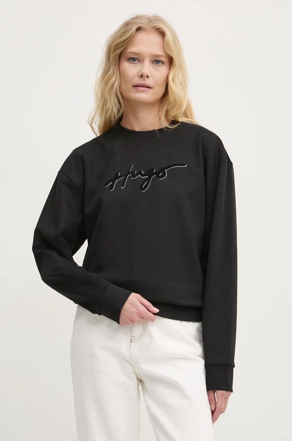 Hugo Pamučna dukserica HUGO za žene, boja: crna, s aplikacijom, 50528579