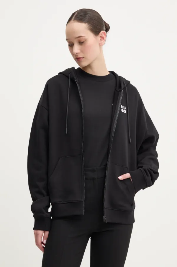 HUGO Pamučna dukserica HUGO za žene, boja: crna, s kapuljačom, bez uzorka, 50535240