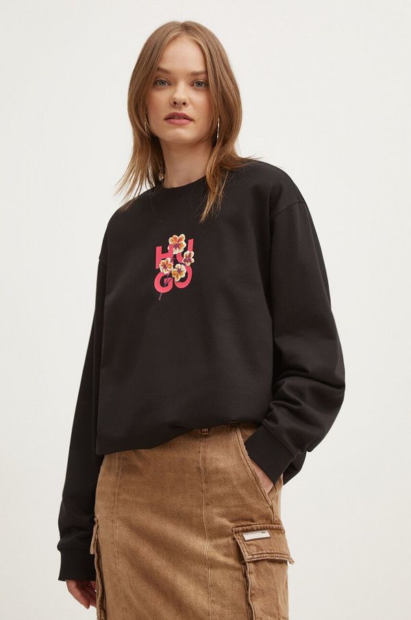Hugo Pamučna dukserica HUGO za žene, boja: crna, s tiskom, 50520308