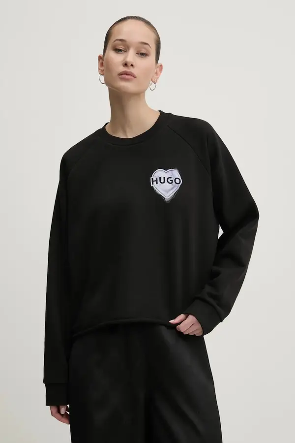 HUGO Pamučna dukserica HUGO za žene, boja: crna, s tiskom, 50534271