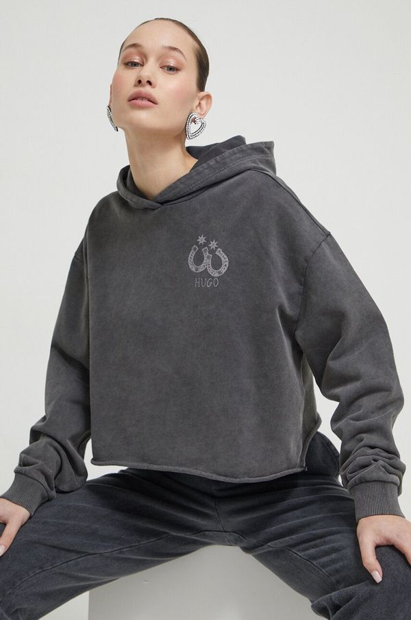 Hugo Pamučna dukserica HUGO za žene, boja: siva, s kapuljačom, s aplikacijom
