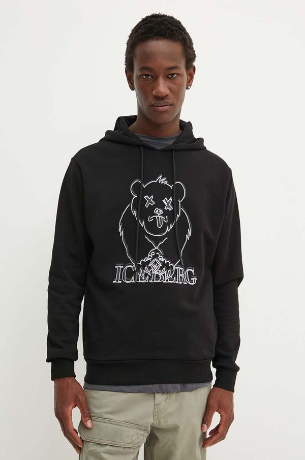 Iceberg Pamučna dukserica Iceberg za muškarce, boja: crna, s kapuljačom, s aplikacijom, E021 6341