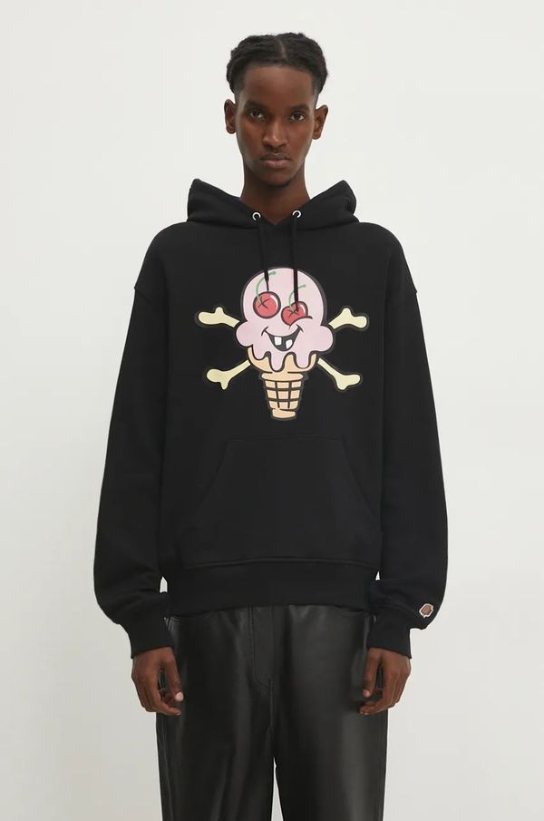 Icecream Pamučna dukserica ICECREAM Cones & Bones Popover Hood za muškarce, boja: crna, s kapuljačom, s tiskom, IC24339