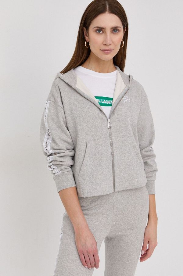 Karl Lagerfeld Pamučna dukserica Karl Lagerfeld za žene, boja: siva, s kapuljačom, s aplikacijom