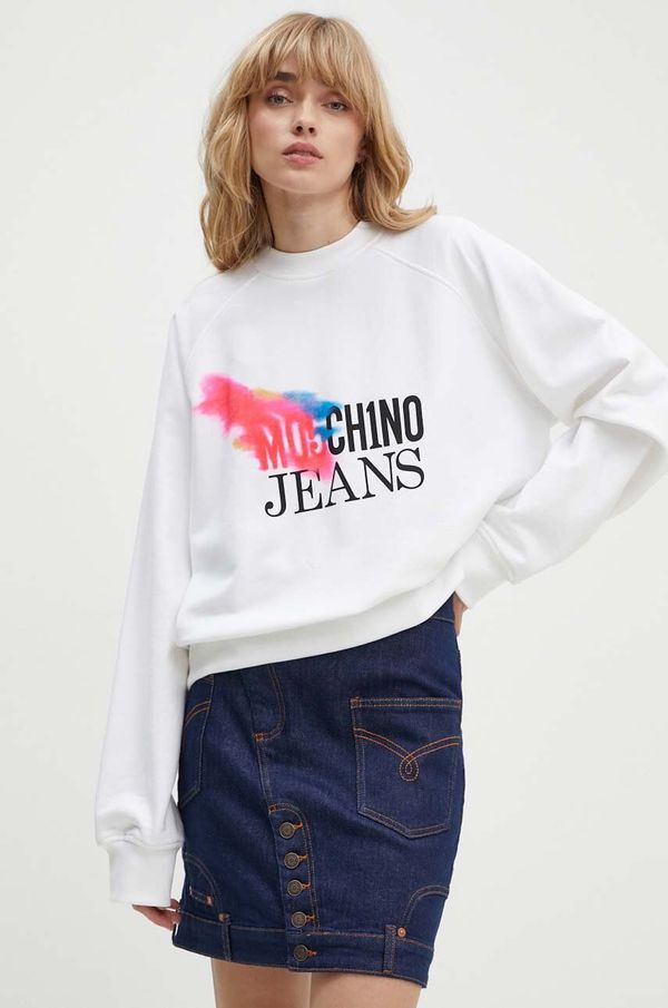 Moschino Jeans Pamučna dukserica Moschino Jeans za žene, boja: bijela, s tiskom, 1709.8233