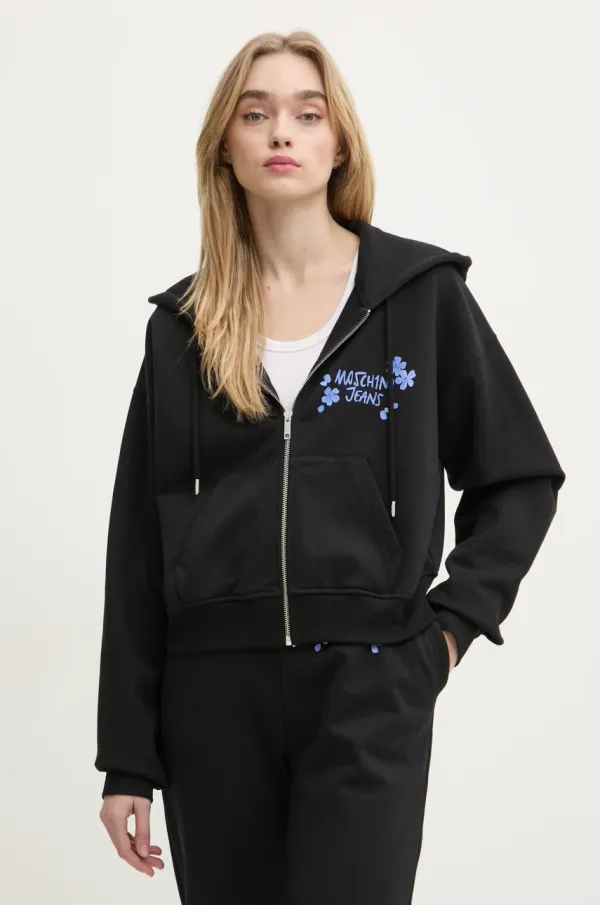 Moschino Jeans Pamučna dukserica Moschino Jeans za žene, boja: crna, s kapuljačom, s tiskom, 1703 3228