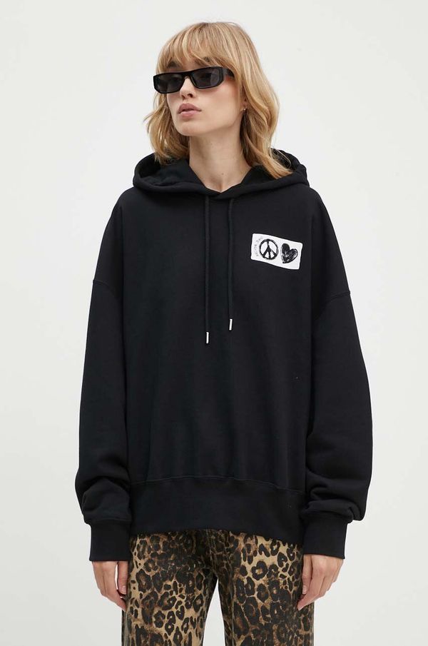 Moschino Jeans Pamučna dukserica Moschino Jeans za žene, boja: crna, s kapuljačom, s tiskom, 1705.8233