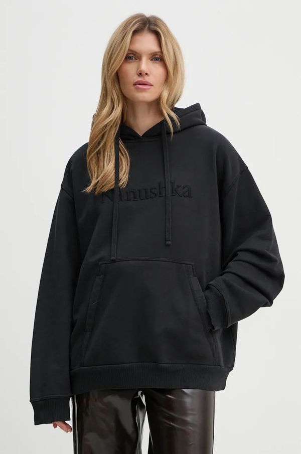 Nanushka Pamučna dukserica Nanushka EVER za žene, boja: crna, s kapuljačom, s aplikacijom, NU24CRSH00199