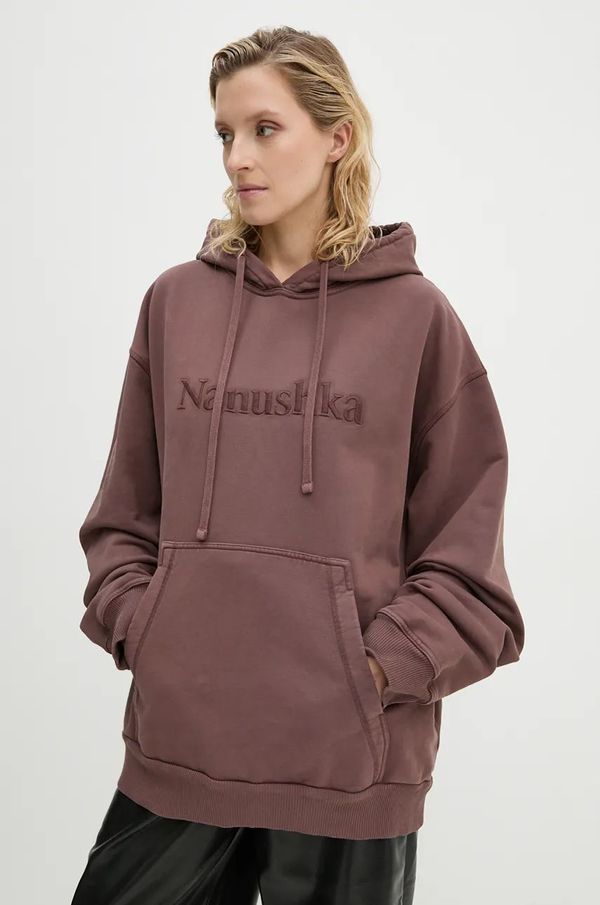 Nanushka Pamučna dukserica Nanushka EVER za žene, boja: smeđa, s kapuljačom, s aplikacijom, NU24PFSH03378