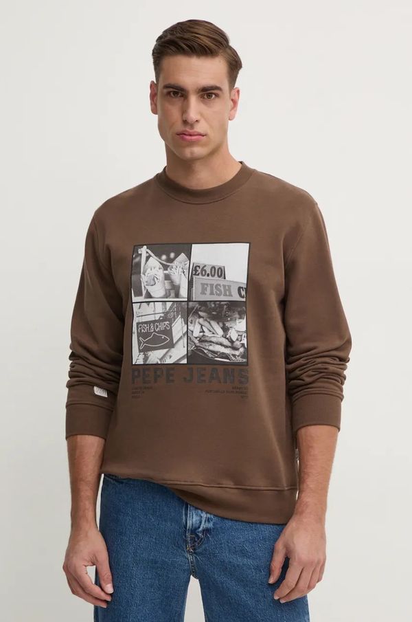 Pepe Jeans Pamučna dukserica Pepe Jeans AWEST CREW za muškarce, boja: smeđa, s tiskom, PM582730