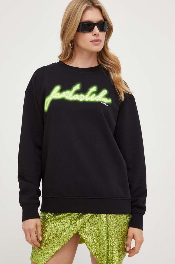 Pinko Pamučna dukserica Pinko za žene, boja: crna, s kapuljačom, s tiskom