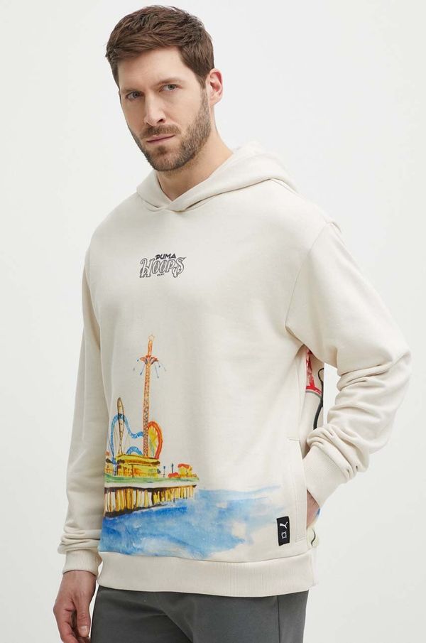 Puma Pamučna dukserica Puma za muškarce, boja: bež, s kapuljačom, s tiskom, 624735