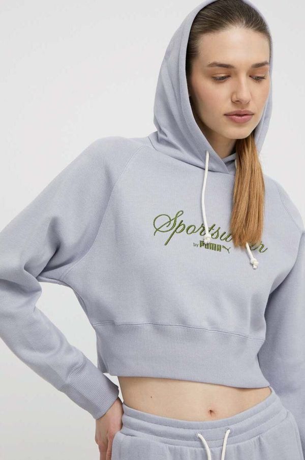 Puma Pamučna dukserica Puma za žene, boja: siva, s kapuljačom, s aplikacijom, 624273