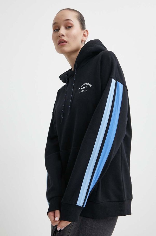 Roxy Pamučna dukserica Roxy Essential Energy za žene, boja: crna, s kapuljačom, s tiskom, ERJFT04793