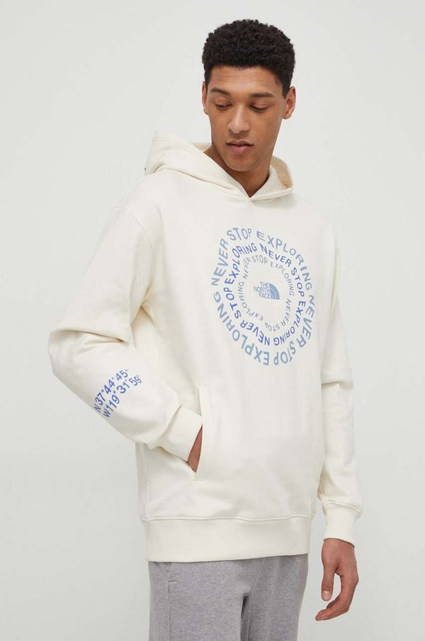 The North Face Pamučna dukserica The North Face za muškarce, boja: bež, s kapuljačom, s tiskom