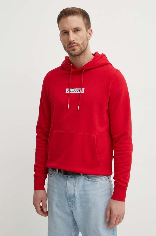 Tommy Hilfiger Pamučna dukserica Tommy Hilfiger za muškarce, boja: crvena, s kapuljačom, s aplikacijom, MW0MW34379