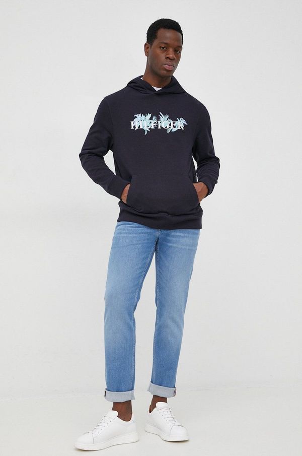 Tommy Hilfiger Pamučna dukserica Tommy Hilfiger za muškarce, boja: tamno plava, s kapuljačom, s aplikacijom