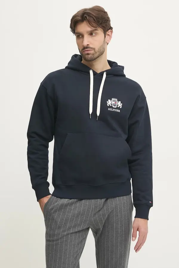 Tommy Hilfiger Pamučna dukserica Tommy Hilfiger za muškarce, boja: tamno plava, s kapuljačom, s aplikacijom, MW0MW37462