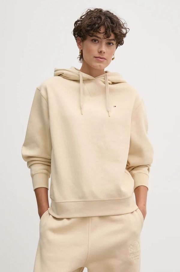 Tommy Hilfiger Pamučna dukserica Tommy Hilfiger za žene, boja: bež, s kapuljačom, bez uzorka