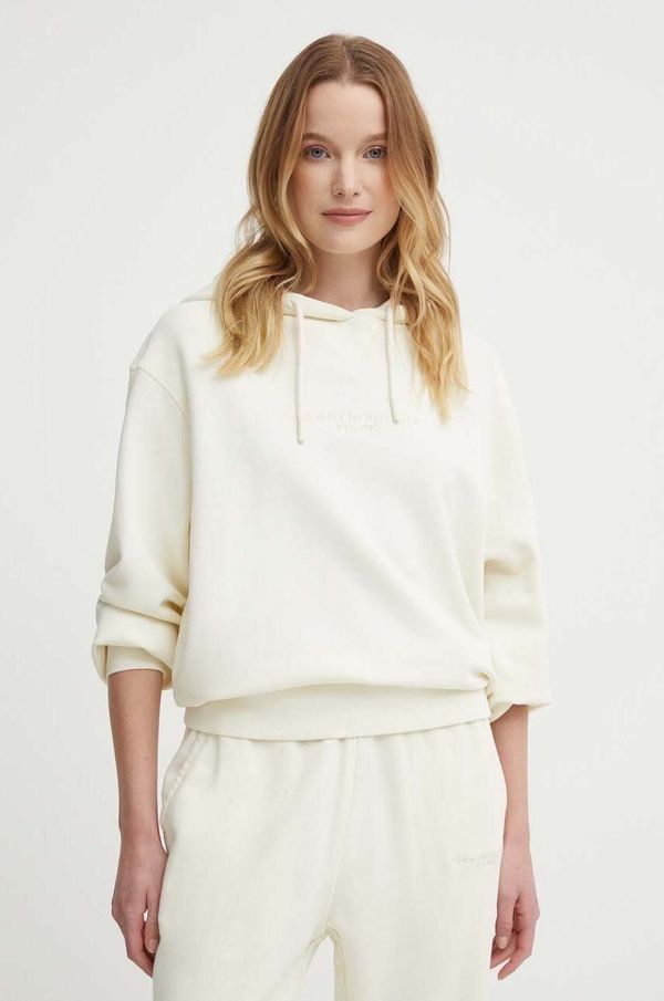 Tommy Hilfiger Pamučna dukserica Tommy Hilfiger za žene, boja: bež, s kapuljačom, bez uzorka, WW0WW42472