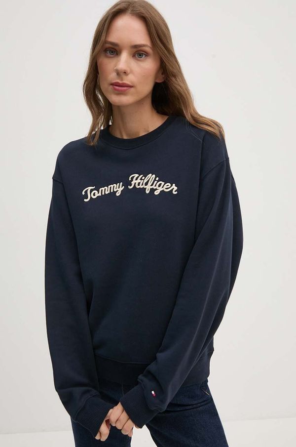 Tommy Hilfiger Pamučna dukserica Tommy Hilfiger za žene, boja: tamno plava, s aplikacijom, WW0WW42615