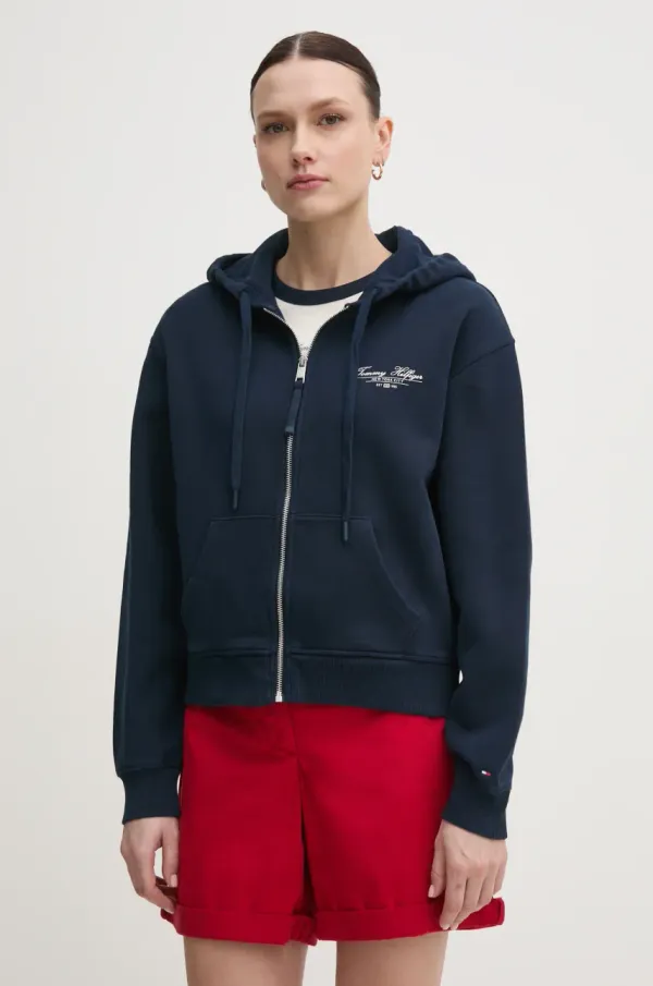 Tommy Hilfiger Pamučna dukserica Tommy Hilfiger za žene, boja: tamno plava, s kapuljačom, bez uzorka, WW0WW44632