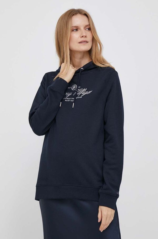 Tommy Hilfiger Pamučna dukserica Tommy Hilfiger za žene, boja: tamno plava, s kapuljačom, s aplikacijom