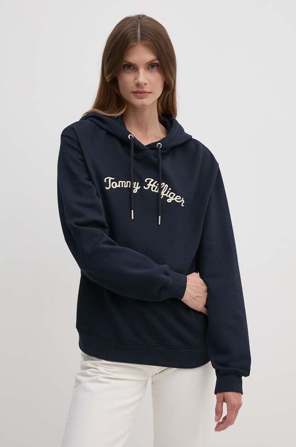 Tommy Hilfiger Pamučna dukserica Tommy Hilfiger za žene, boja: tamno plava, s kapuljačom, s aplikacijom, WW0WW42612