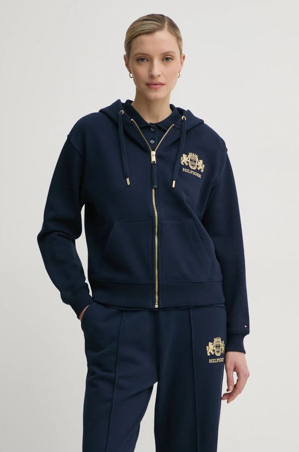 Tommy Hilfiger Pamučna dukserica Tommy Hilfiger za žene, boja: tamno plava, s kapuljačom, s aplikacijom, WW0WW43850
