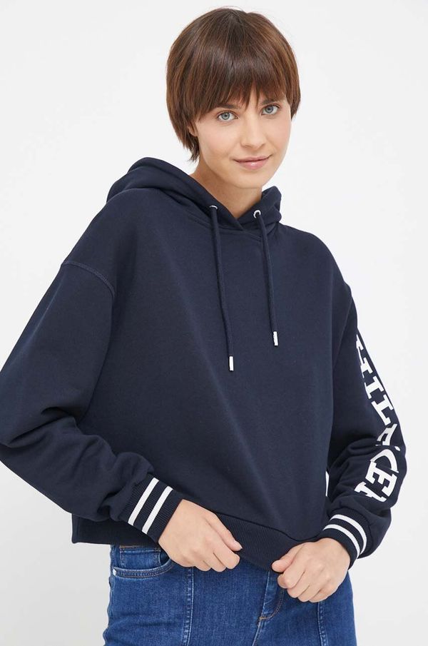 Tommy Hilfiger Pamučna dukserica Tommy Hilfiger za žene, boja: tamno plava, s kapuljačom, s tiskom