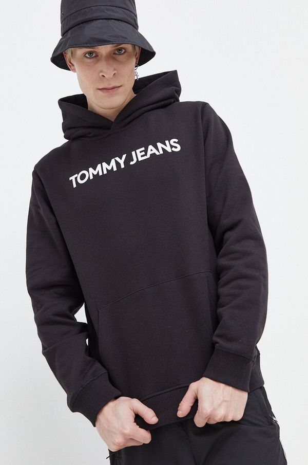 Tommy Jeans Pamučna dukserica Tommy Jeans za muškarce, boja: crna, s kapuljačom, s tiskom
