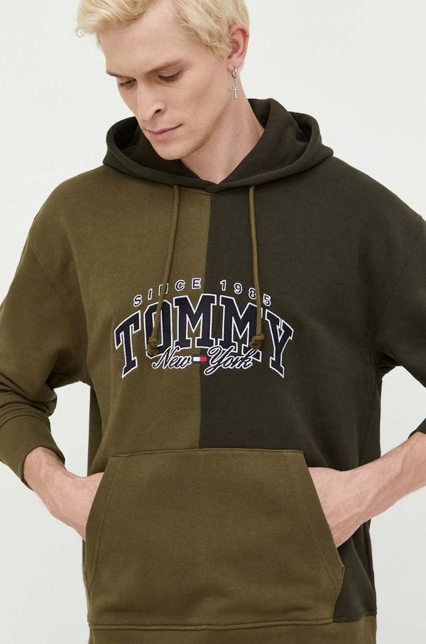 Tommy Jeans Pamučna dukserica Tommy Jeans za muškarce, boja: zelena, s kapuljačom, s aplikacijom