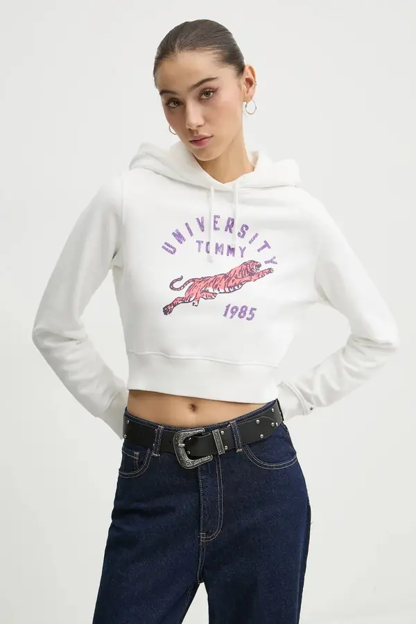 Tommy Hilfiger Pamučna dukserica Tommy Jeans za žene, boja: bijela, s kapuljačom, s tiskom, DW0DW20171