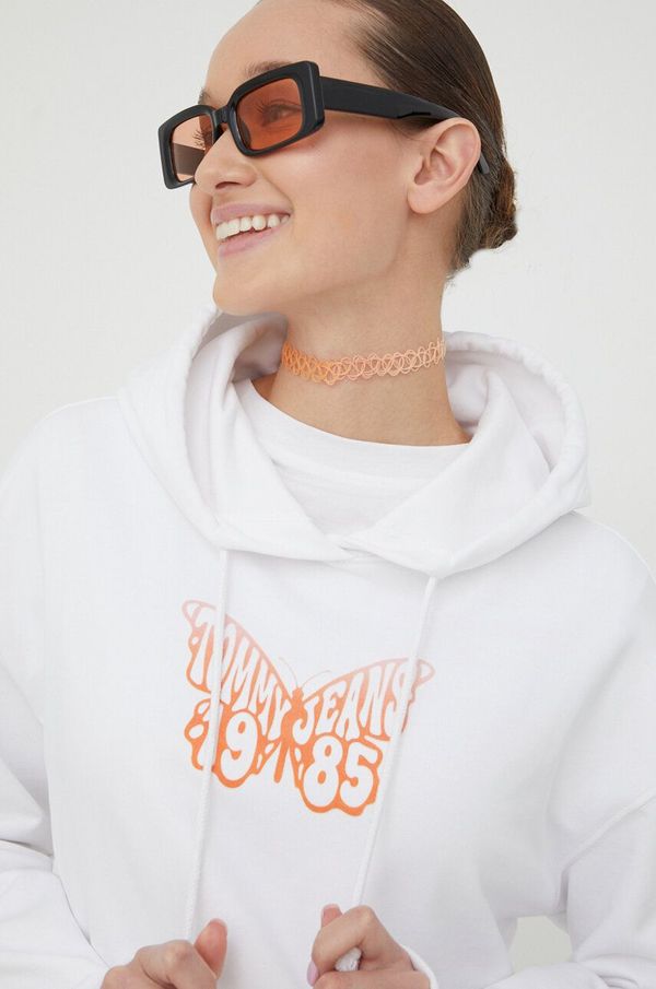 Tommy Jeans Pamučna dukserica Tommy Jeans za žene, boja: bijela, s kapuljačom, s tiskom