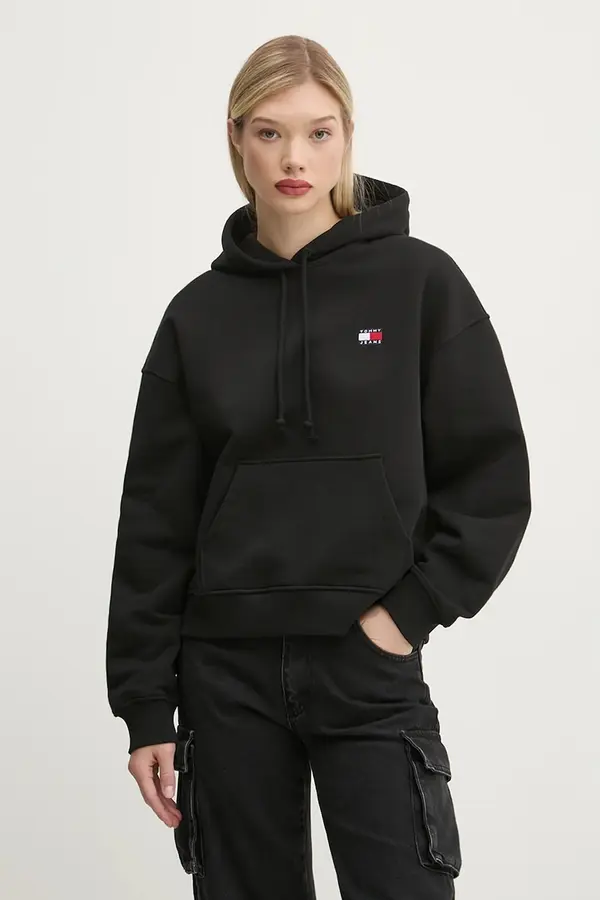 Tommy Hilfiger Pamučna dukserica Tommy Jeans za žene, boja: crna, s kapuljačom, s aplikacijom, DW0DW19414