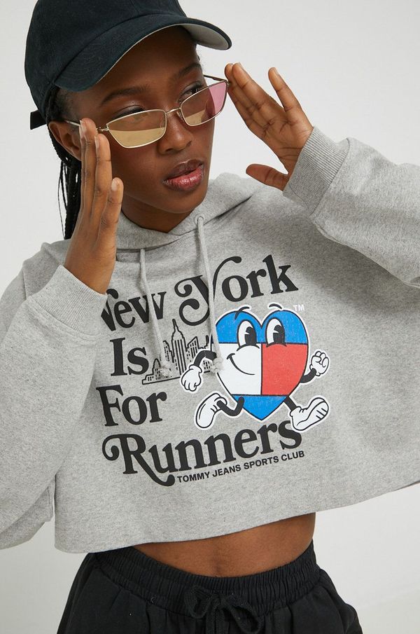 Tommy Jeans Pamučna dukserica Tommy Jeans za žene, boja: siva, s kapuljačom, s tiskom