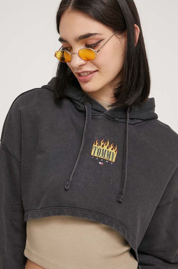 Tommy Jeans Pamučna dukserica Tommy Jeans za žene, boja: siva, s kapuljačom, s tiskom