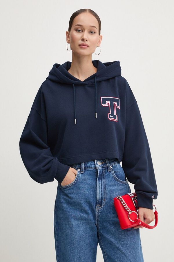 Tommy Jeans Pamučna dukserica Tommy Jeans za žene, boja: tamno plava, s kapuljačom, s aplikacijom, DW0DW18653