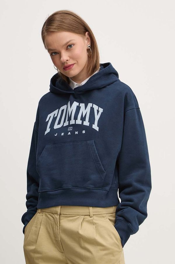 Tommy Jeans Pamučna dukserica Tommy Jeans za žene, boja: tamno plava, s kapuljačom, s tiskom, DW0DW19291