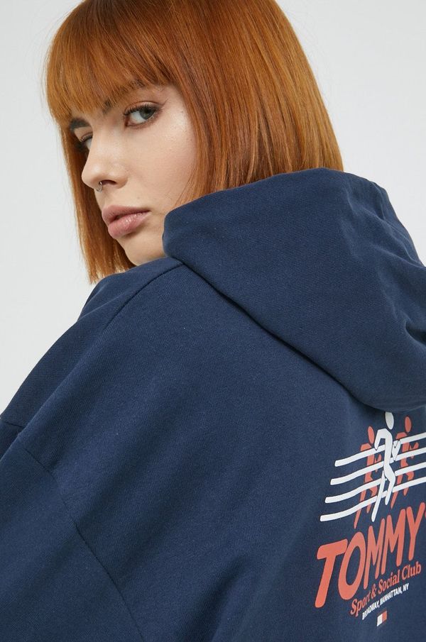 Tommy Jeans Pamučna dukserica Tommy Jeans za žene, boja: tamno plava, s kapuljačom, s tiskom