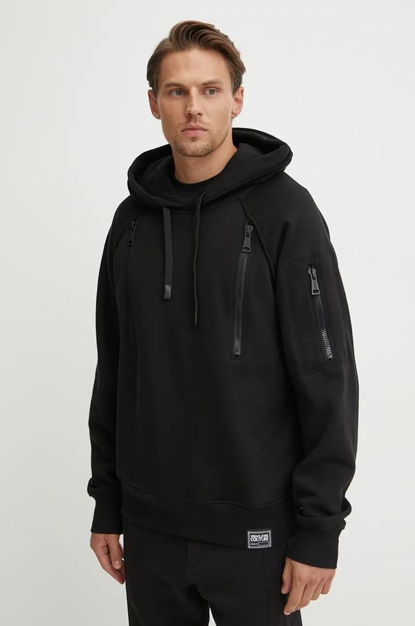 Versace Jeans Couture Pamučna dukserica Versace Jeans Couture za muškarce, boja: crna, s kapuljačom, bez uzorka, 77GAI307 F0002