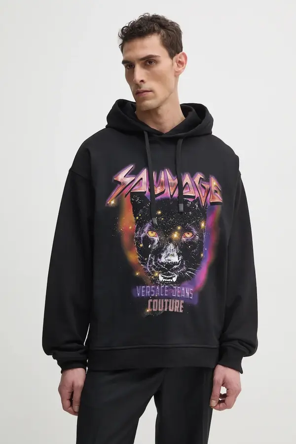Versace Pamučna dukserica Versace Jeans Couture za muškarce, boja: crna, s kapuljačom, s tiskom, 78GAIC04 CF00C