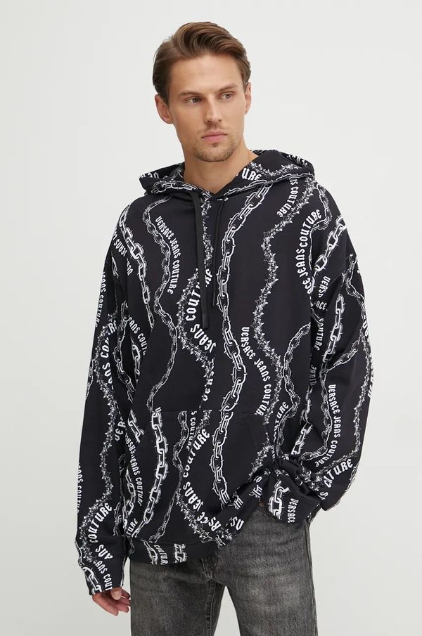 Versace Jeans Couture Pamučna dukserica Versace Jeans Couture za muškarce, boja: crna, s kapuljačom, s uzorkom, 77GAI3L0 FS160
