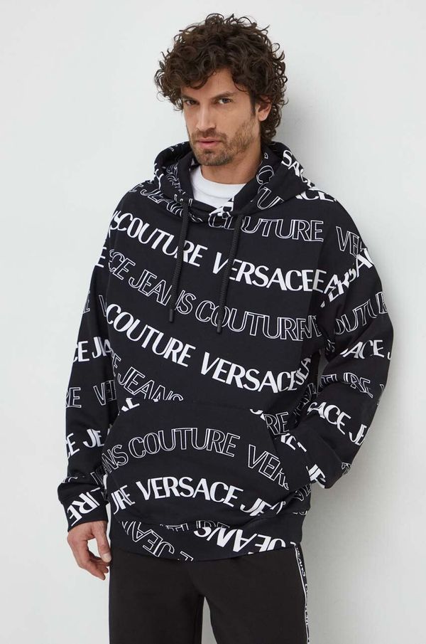 Versace Jeans Couture Pamučna dukserica Versace Jeans Couture za muškarce, boja: crna, s kapuljačom, s uzorkom