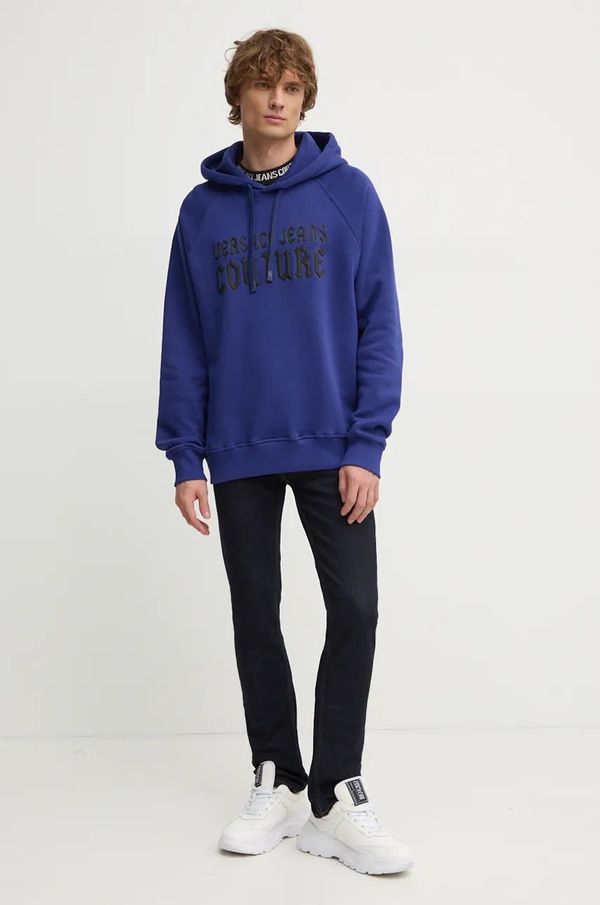 Versace Jeans Couture Pamučna dukserica Versace Jeans Couture za muškarce, boja: tamno plava, s kapuljačom, s tiskom, 77GAIL02 CF02L